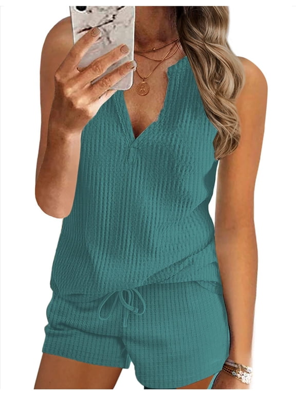 Pajamas Tank Top and Shorts Lounge Sets Waffle Knit V Neck Pj Short Sets Casual Outfits for Women