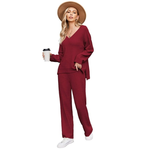 Ekouaer Pajamas for Women 2 Piece Lounge Set Fuzzy Fleece Long Sleeve Pullover Sweater Top Wide Leg Pants Set Outfits