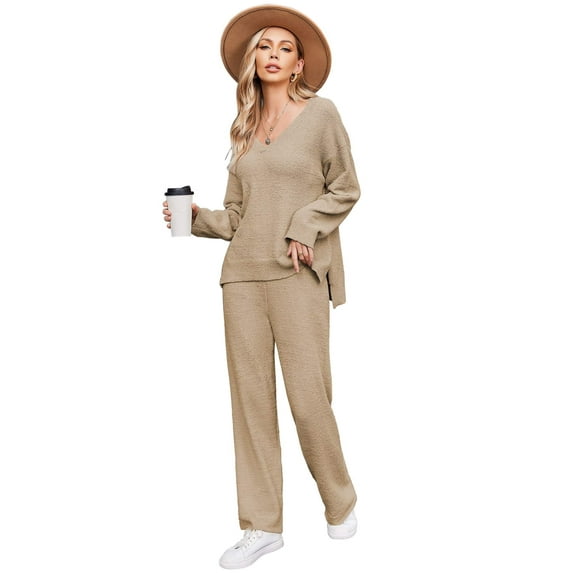 Ekouaer Pajamas for Women 2 Piece Lounge Set Fuzzy Fleece Long Sleeve Pullover Sweater Top Wide Leg Pants Set Outfits