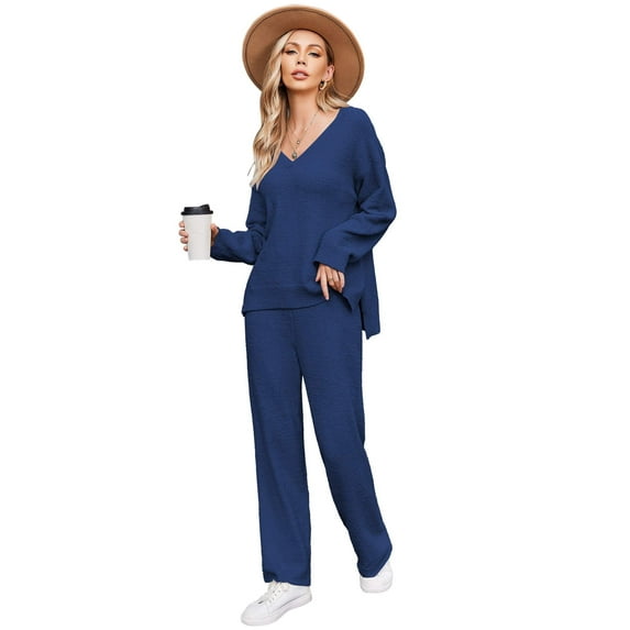 Ekouaer Pajamas for Women 2 Piece Lounge Set Fuzzy Fleece Long Sleeve Pullover Sweater Top Wide Leg Pants Set Outfits