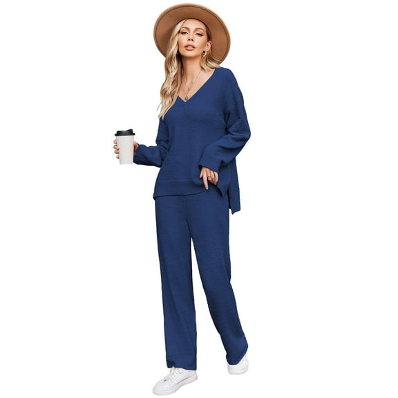 Ekouaer Pajamas for Women 2 Piece Lounge Set Fuzzy Fleece Long Sleeve Pullover Sweater Top Wide Leg Pants Set Outfits