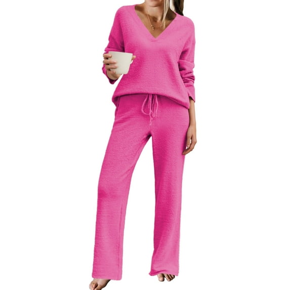 Ekouaer Pajamas for Women 2 Piece Lounge Set Fuzzy Fleece Long Sleeve Pullover Sweater Top Wide Leg Pants Set Outfits