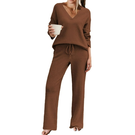 Ekouaer Pajamas for Women 2 Piece Lounge Set Fuzzy Fleece Long Sleeve Pullover Sweater Top Wide Leg Pants Set Outfits