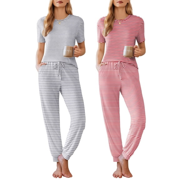 Ekouaer Pajamas for Women Set 2 Pack Lounge Set Short Sleeve Pjs Joggers Long Pants Loungepwear with Pockets