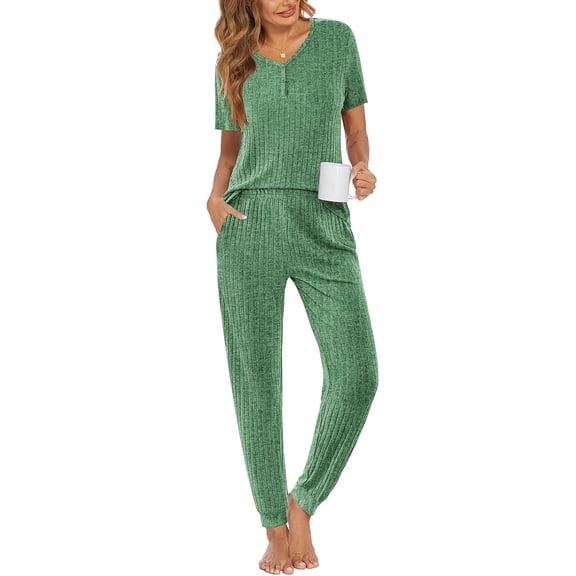Ekouaer Pajamas for Women Set 2 Piece Rib Knit Lounge Set Joggers Loungewear Short Sleeve Pjs with Pockets