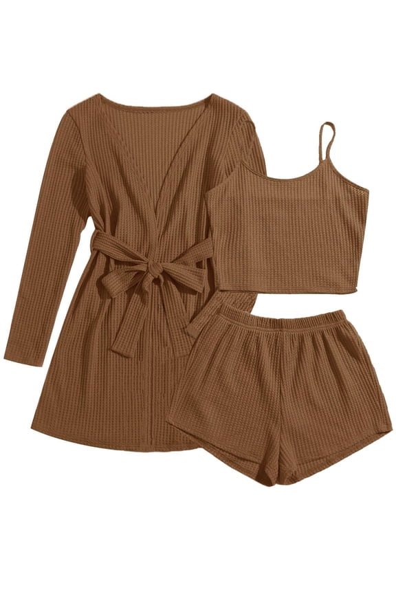 Pajamas for Women Set 3 Piece Lounge Set Soft Pajama Sets Waffle Knit Tank Top and Shorts Cardigan with Pockets