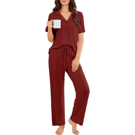 Ekouaer Pajamas for Women Set Button Up Sleepswear 2 Piece Short Sleeve PJ Top and Long Pants Loungwear With Pocket