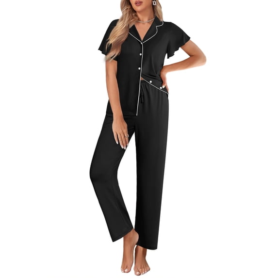 Ekouaer Pajamas for Women Set Button Up Sleepwear Cute Pjs Ruffle Sleeve Notch Collar Lounge Sets with Long Pants