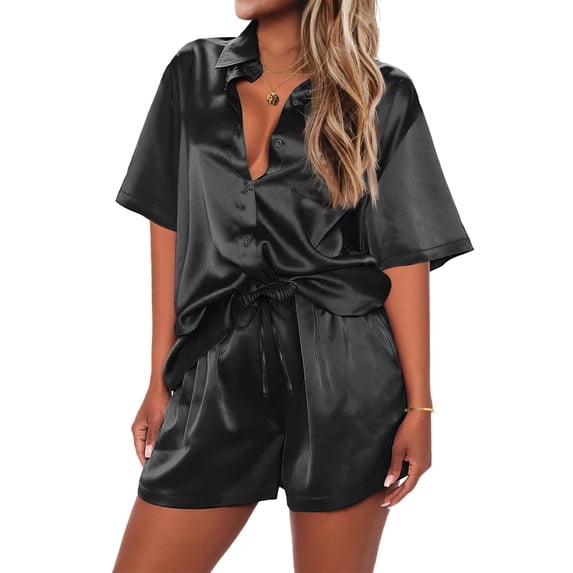 Ekouaer Pajamas Shorts for Women Silk Sleepwear Short Sleeve Pjs Shorts Set Soft Nightwear 2 Piece Lounge Set