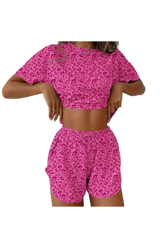 Pink Cheetah Print Pajamas for Women Sexy Valentines Pjs Cute Lounge Sets Side Split Short Pj Sets 2 Piece for Gifts Parties Sleepovers Honeymoon Leopard Small