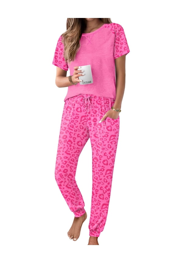 Pink Leopard Pajamas Set Summer Short Sleeve Pj Set 2 Piece Jogger Pjs Soft Lounge Set for Women