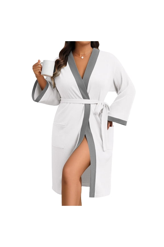 Plus Size Robe for Women Waffle Knit Bathrobe Short Lightweight Kimono Robes with Pockets Maternity Robe