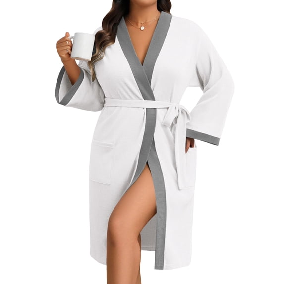 Ekouaer Plus Size Robe for Women Waffle Knit Bathrobe Short Lightweight Kimono Robes with Pockets Maternity Robe