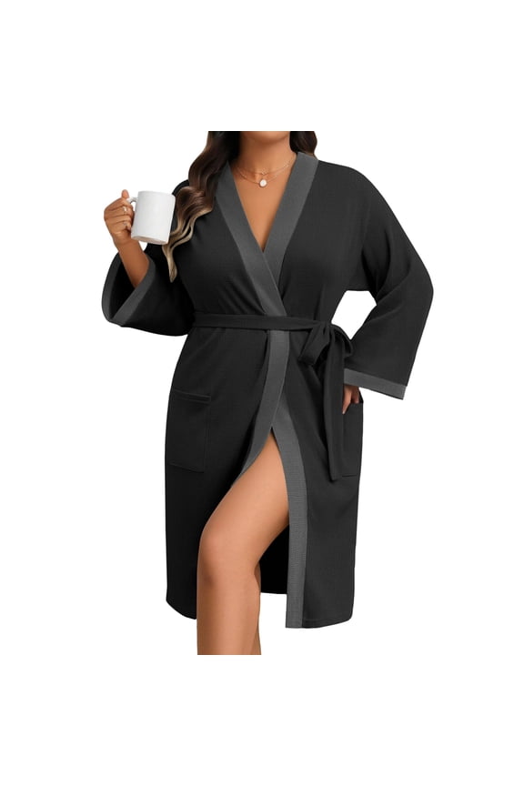 Plus Size Robe for Women Waffle Knit Bathrobe Short Lightweight Kimono Robes with Pockets Maternity Robe