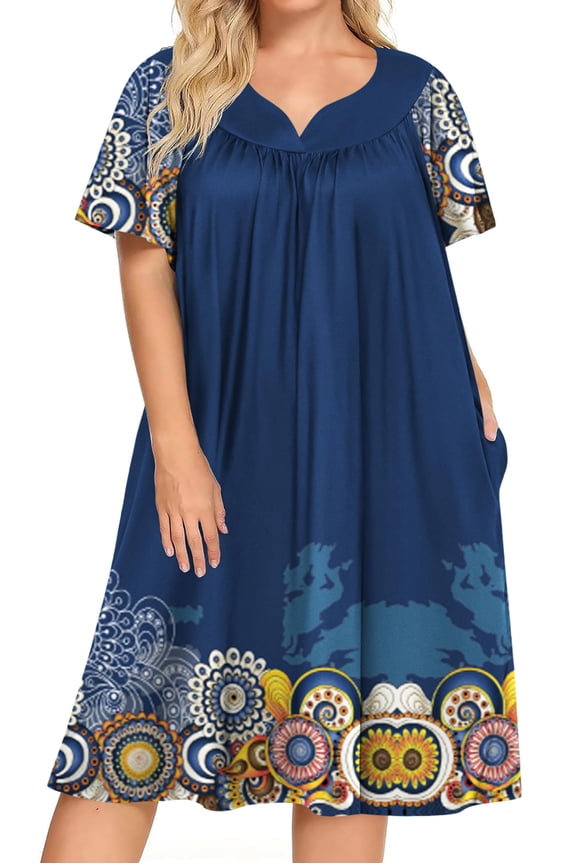 Plus Women's Plus Size Mumu Dress Short Sleeve House Dress Momo Sleepdress with Pockets