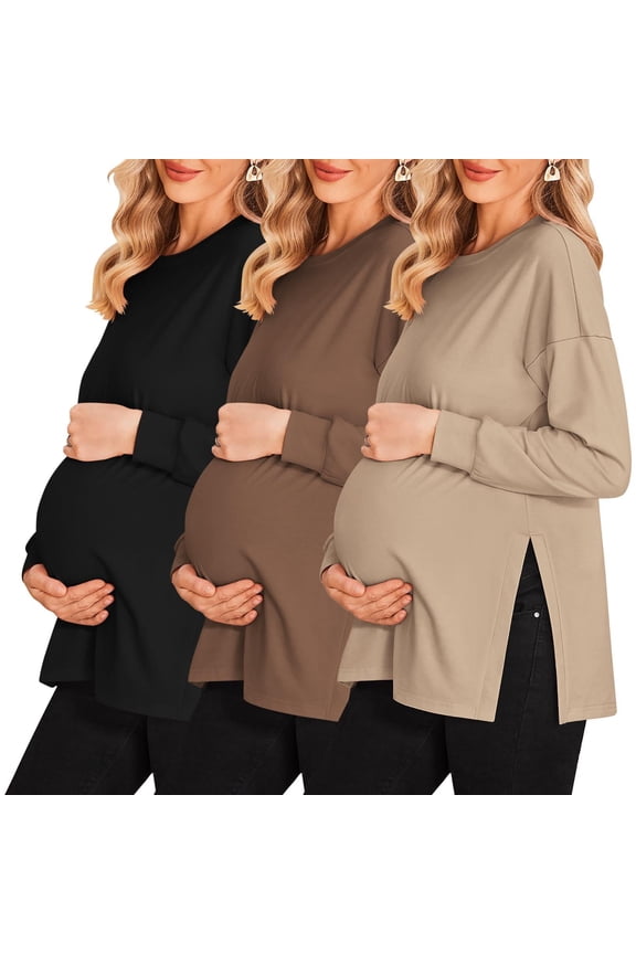Women’s Maternity Shirts Long Sleeve Split Side Pregnancy Tee Top Tunic Blouse Casual Mama Clothes