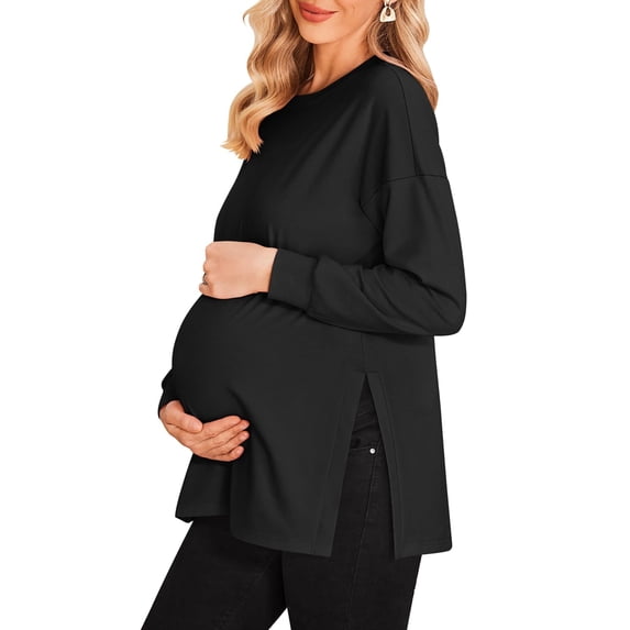 Ekouaer Women’s Maternity Shirts Long Sleeve Split Side Pregnancy Tee Top Tunic Blouse Casual Mama Clothes