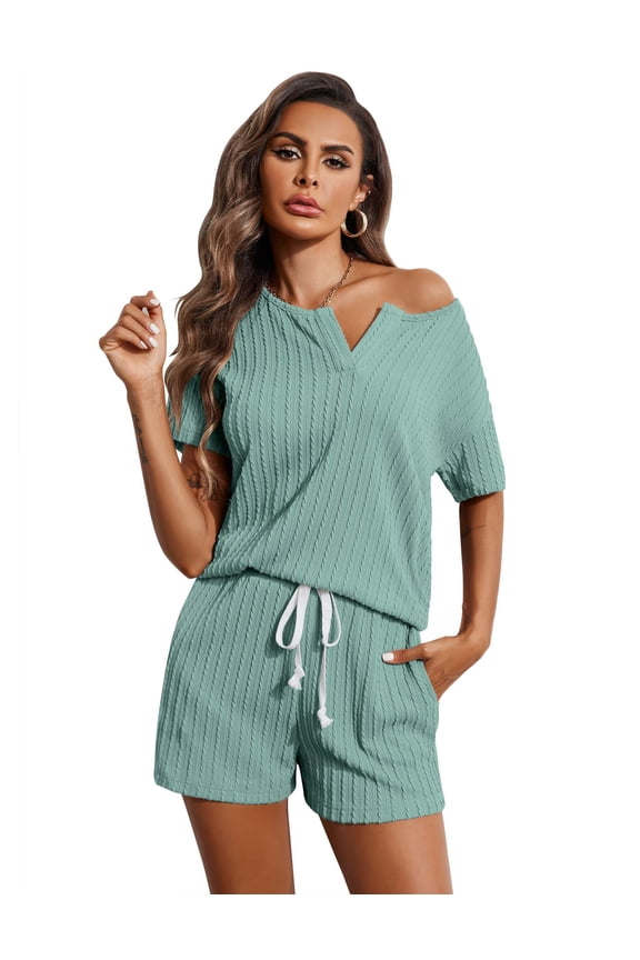 Ribbed Knit Lounge Sets for Women 2 Piece Outfits Short Sleeve Top and Shorts Pajama Sets Tracksuit Sweatsuits