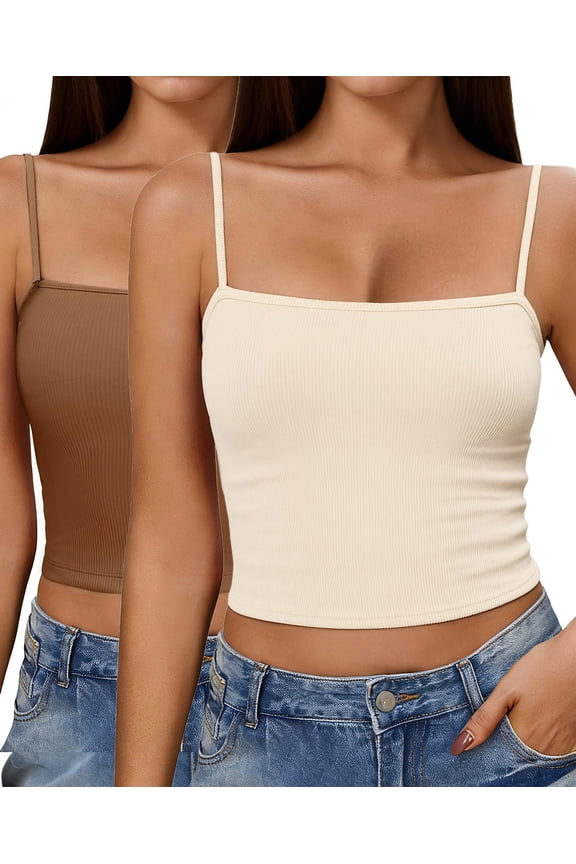 Ribbed Tank Tops for Women Spaghetti Strap Camisole Top Summer Layering Undershirt Pack of 2
