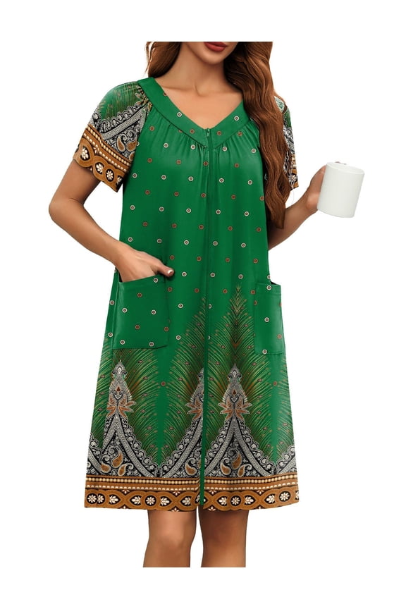 Robe for Women Short Zipper Floral Print Bathrobe Short Sleeve Pleated Neckline Robes Zip Up Comfy Night Gowns Soft Loungewear