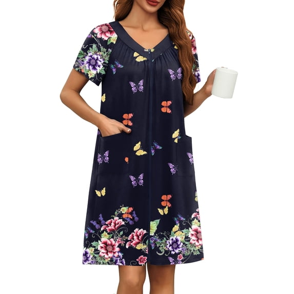 Ekouaer Robe for Women Short Zipper Floral Print Bathrobe Short Sleeve Pleated Neckline Robes Zip Up Comfy Night Gowns Soft Loungewear