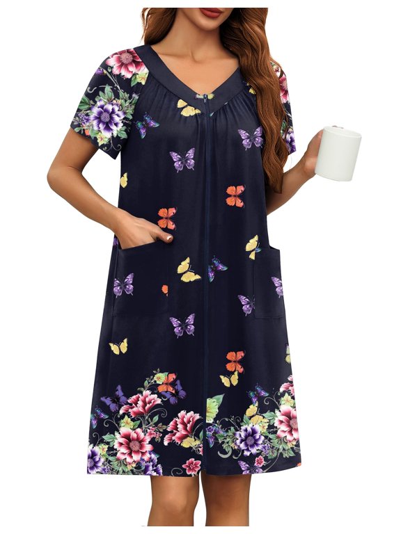 Robe for Women Short Zipper Floral Print Bathrobe Short Sleeve Pleated Neckline Robes Zip Up Comfy Night Gowns Soft Loungewear
