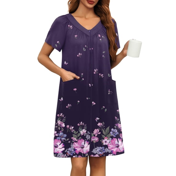 Ekouaer Robe for Women Short Zipper Floral Print Bathrobe Short Sleeve Pleated Neckline Robes Zip Up Comfy Night Gowns Soft Loungewear