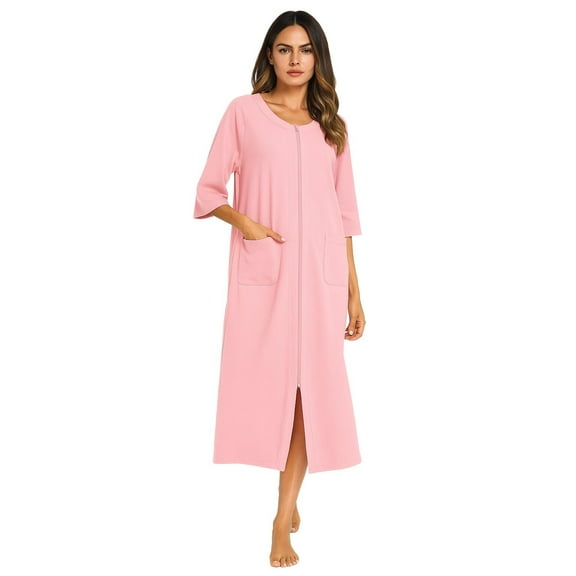 Ekouaer Women's Pajama Sets Robe for Women Zipper Front Robes 3/4 Sleeve House Dress with Pockets Full Length Nightgown Housecoat