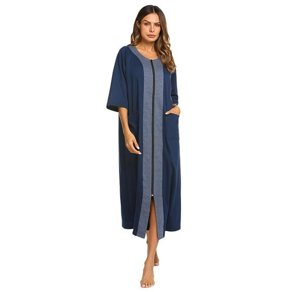 Ekouaer Women's Pajama Sets Robe for Women Zipper Front Robes 3/4 Sleeve House Dress with Pockets Full Length Nightgown Housecoat