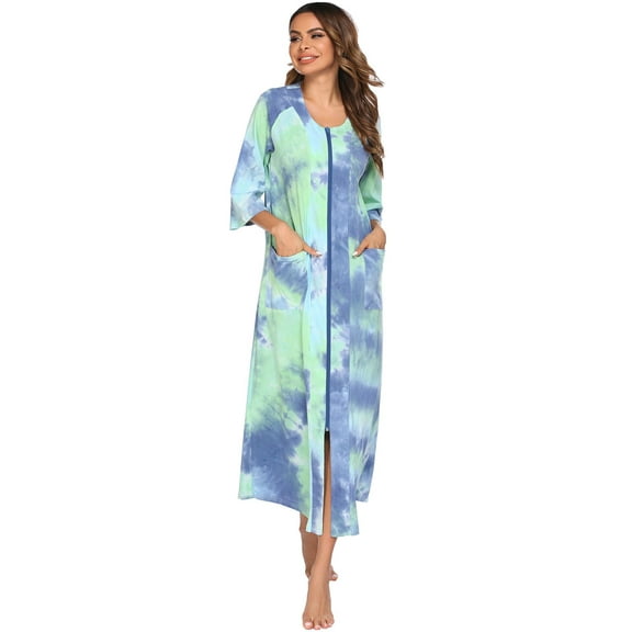 Ekouaer Women's Pajama Sets Robe for Women Zipper Front Robes 3/4 Sleeve House Dress with Pockets Full Length Nightgown Housecoat