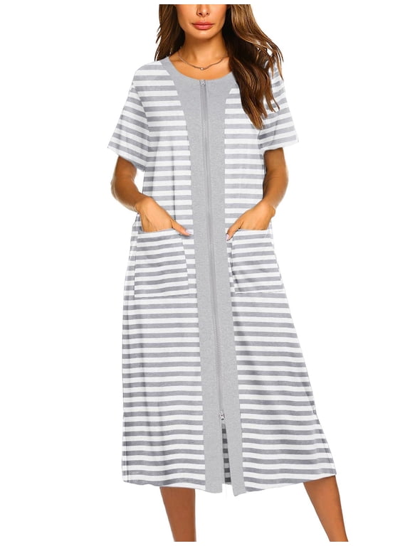 Women's Zipper Up Nightgown Zipper Front Long Housedress