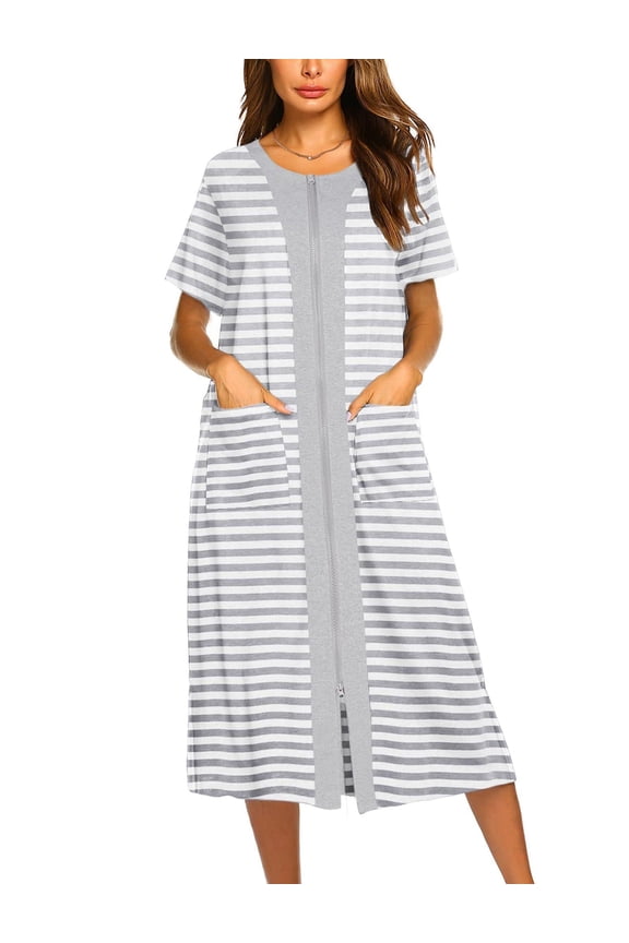 Women's Zipper Up Nightgown Zipper Front Long Housedress