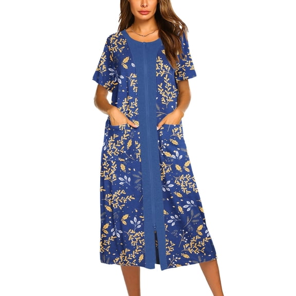 Ekouaer Robes For Women Zipper Front Bathrobe Short Sleeve House Coat Long Nightgown With Pockets Soft Loungewear PAT2 L