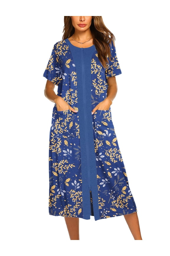 Robes For Women Zipper Front Bathrobe Short Sleeve House Coat Long Nightgown With Pockets Soft Loungewear PAT2 XXL