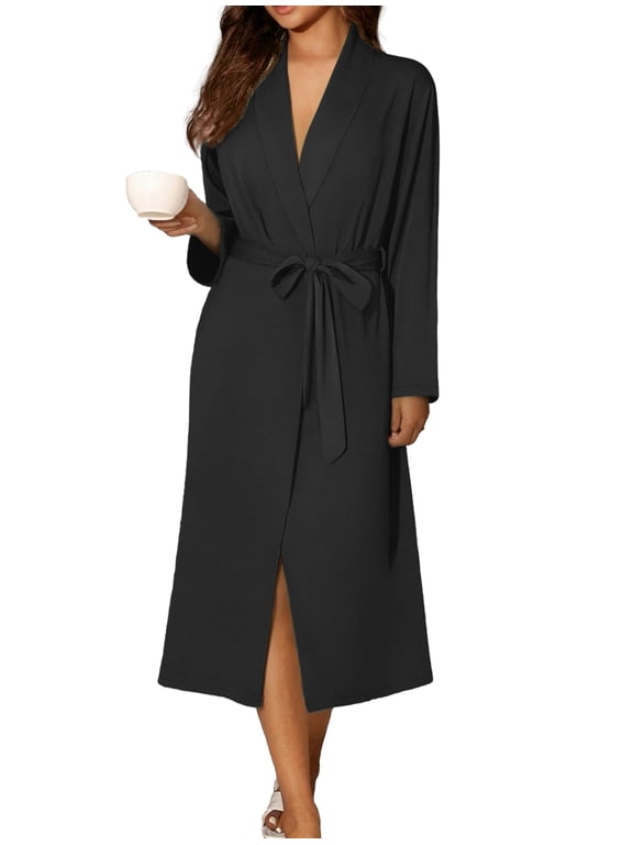 Robes for Women Long Sleeve Knit Kimono Bathrobe Soft Lightweight Loungewear Ladies Cotton Sleepwear