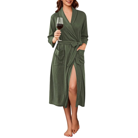 Ekouaer Robes for Women Long Waffle Knit Bathrobe Lightweight Kimono Robe Soft Shawl Collar Spa Robes with Pockets