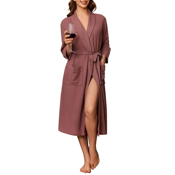 Ekouaer Robes for Women Long Waffle Knit Bathrobe Lightweight Kimono Robe Soft Shawl Collar Spa Robes with Pockets