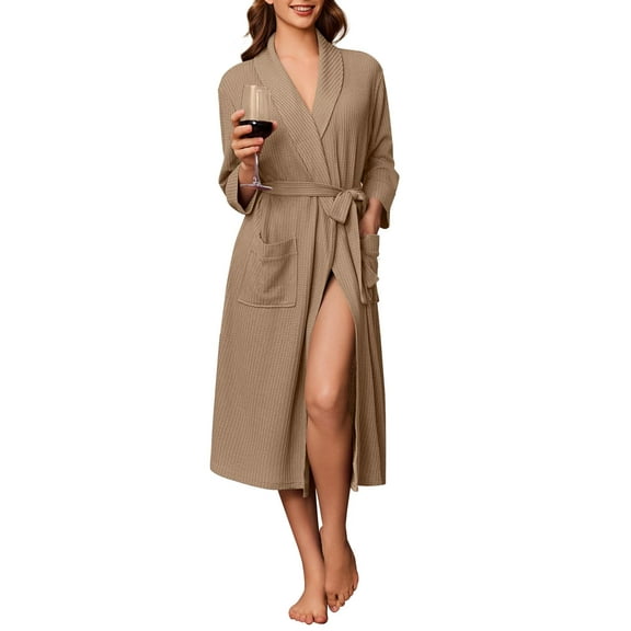Ekouaer Robes for Women Long Waffle Knit Bathrobe Lightweight Kimono Robe Soft Shawl Collar Spa Robes with Pockets