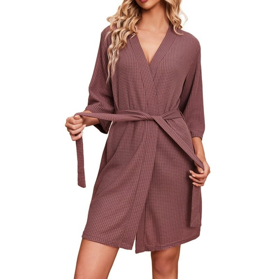 Ekouaer Robes for Women Waffle Knit Bathrobe Soft Lightweight Knee Length Loungewear