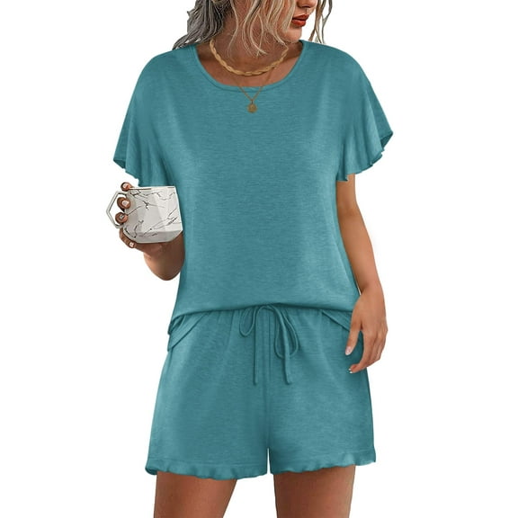 Ekouaer Ruffle Pajama Set Short Sleeve Lounge Set Crew Neck Tops and Ruffle Shorts Pj Sets Blue Pjs Loungewear Blue M