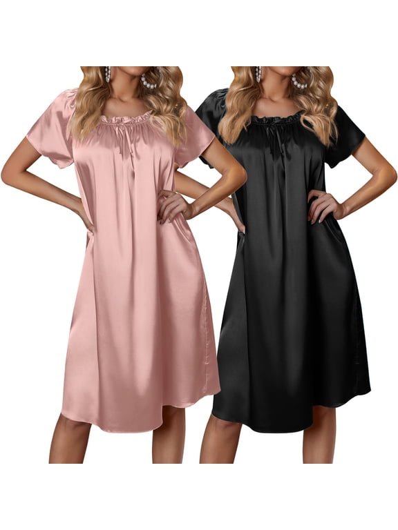 Satin Nightgowns for Women 2 Pack Silk Nightgown Pleated Loose Night Shirts Short Sleeve Sleep Shirts