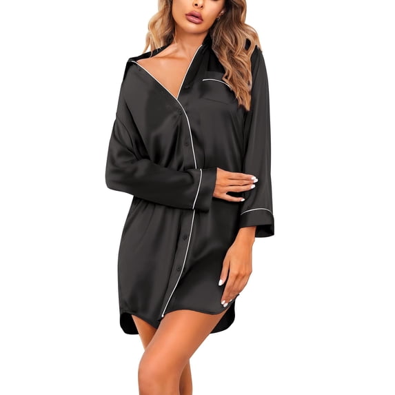 Ekouaer Satin Nightgowns for Women Button Down Sleep Shirt Silk Night Shirt Long Sleeve Boyfriend Sleepwear