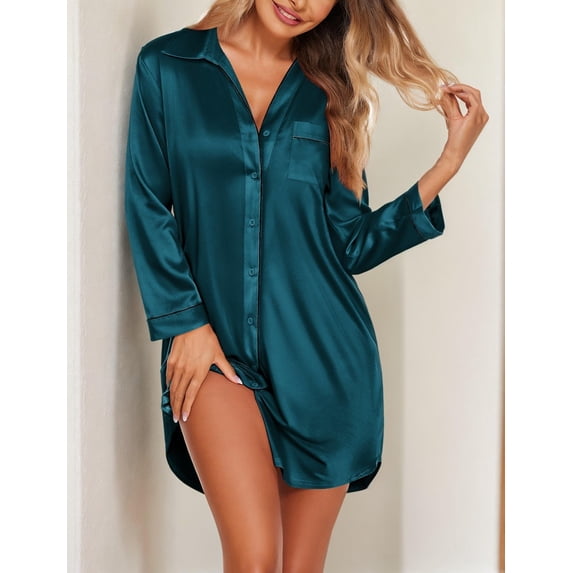 Ekouaer Satin Nightgowns for Women Button Down Sleep Shirt Silk Night Shirt Long Sleeve Boyfriend Sleepwear