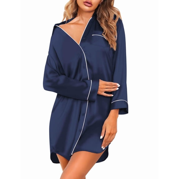 Ekouaer Satin Nightgowns for Women Button Down Sleep Shirt Silk Night Shirt Long Sleeve Boyfriend Sleepwear