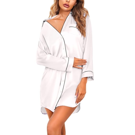 Ekouaer Satin Nightgowns for Women Button Down Sleep Shirt Silk Night Shirt Long Sleeve Boyfriend Sleepwear