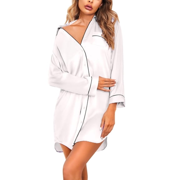 Ekouaer Satin Nightgowns for Women Button Down Sleep Shirt Silk Night Shirt Long Sleeve Boyfriend Sleepwear
