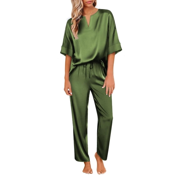 Ekouaer Satin Pajama Set Womens Silk Short Sleeve V Neck Shirt with Long Pant Soft Loungewear Pjs Set