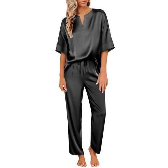 Ekouaer Satin Pajama Set Womens Silk Short Sleeve V Neck Shirt with Long Pant Soft Loungewear Pjs Set