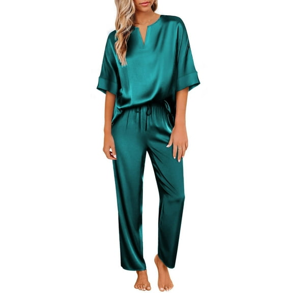 Ekouaer Satin Pajama Set Womens Silk Short Sleeve V Neck Shirt with Long Pant Soft Loungewear Pjs Set