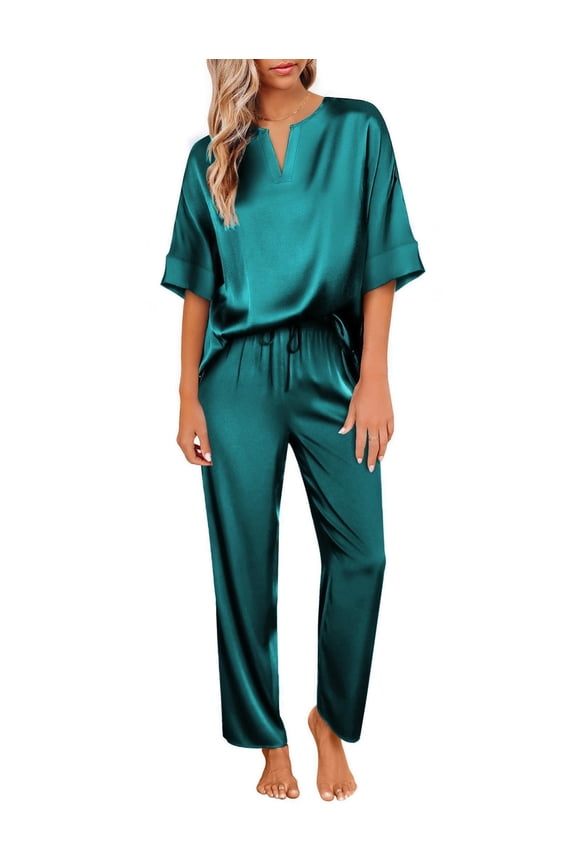Satin Pajama Set Womens Silk Short Sleeve V Neck Shirt with Long Pant Soft Loungewear Pjs Set
